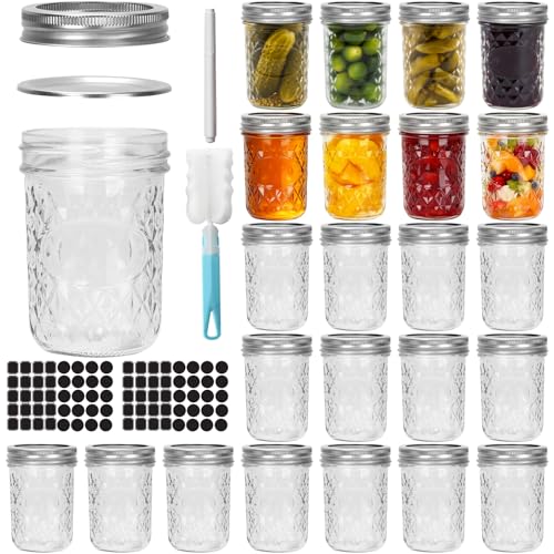 Cehomi Glass Mason Jars 8 oz with Lids - Diamond Appearance 24 Pack