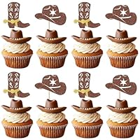 Xsstarmi 30 Pack Cowboy Cupcake Toppers Glitter Cowboy Hats Boots Cupcake Picks Cowboy Party Decorations for Western Theme Baby Shower Birthday Party Cake Decorations Brown