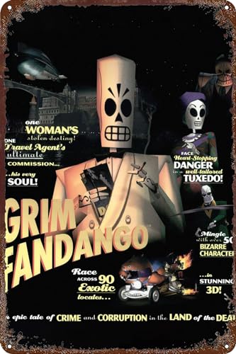  FYELVO Grim Fandango Poster Game Retro Divertente Targa in Metallo Targa Targa in Latta Targa in Latta, Decorazione da Parete per la Casa per Esterni 20,3 x 30,5 cm