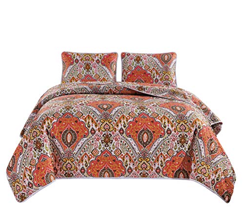 3-Piece Fine Printed (104" X 90") Quilt Set, Bedspread Coverlet King Size Bed Cover (Orange, Green, Multi-Color Medallion) #TOP9