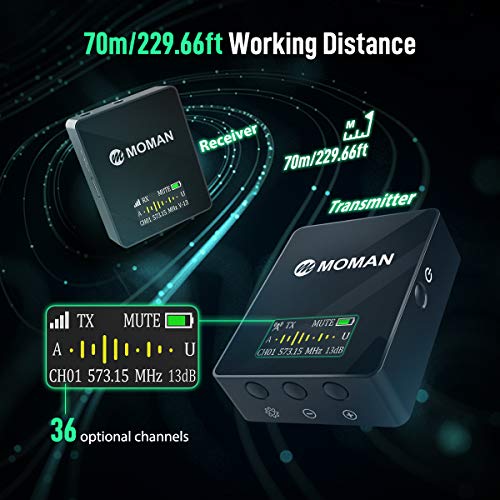 Moman Connects C1 Professional-Wireless-Lavalier-Microphone-System 36 Channels UHF 1 Transmitter with 1 Receiver 70m/229.66ft OLED Screen for DSLR/Mirrorless Camera/Smartphone/Camcorder/Audio Recorder