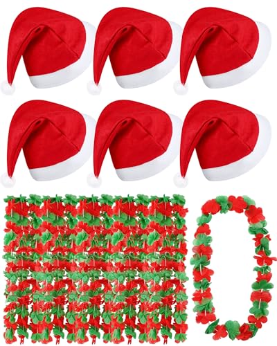 Libima 24 Pcs Christmas in July Summer Party Supplies Santa Hats and Leis Hawaiian Flower Necklace Costume Set for Summer Xmas Party