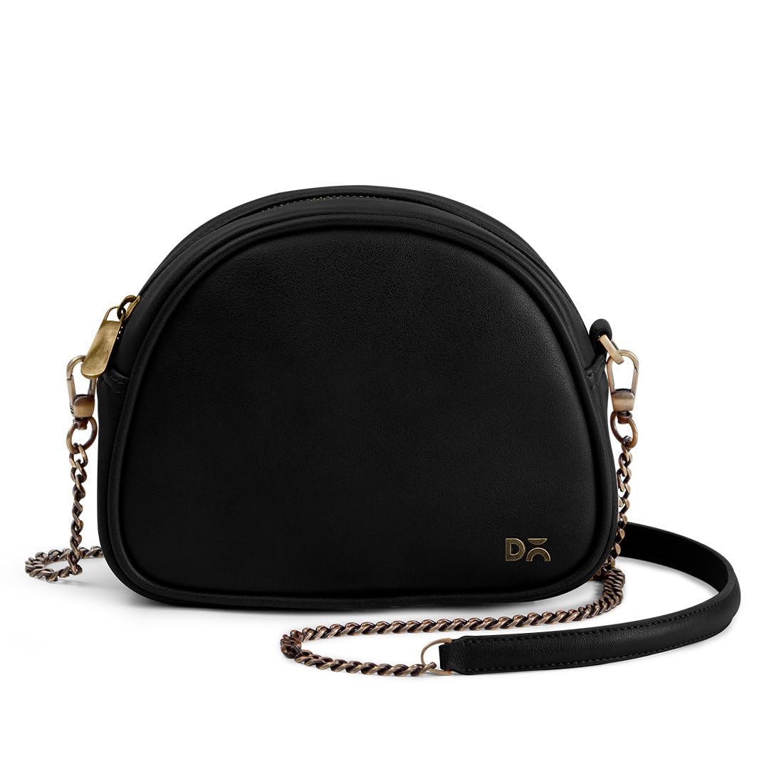 DailyObjectsSolid Arch Sling Crossbody Bag For Women| Black Vegan Leather Bag With Slip Pockets| Zip Closure With Detachable Brass Chain & Shoulder Pad