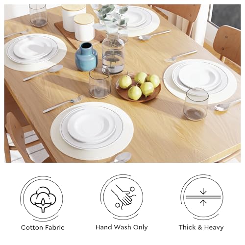 Image of Dining Table Mats Set of 4 | Cotton Table Mat 32 cm Diameter, Encasa XO Washable Round Table Mats, Heat Resistance Dining Table Placemats, Handmade Ribbed Style for Centre Table, Off White