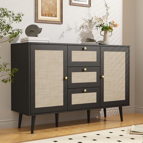 Rattan Buffet Cabinet with Drawers and Adjustable Shelf