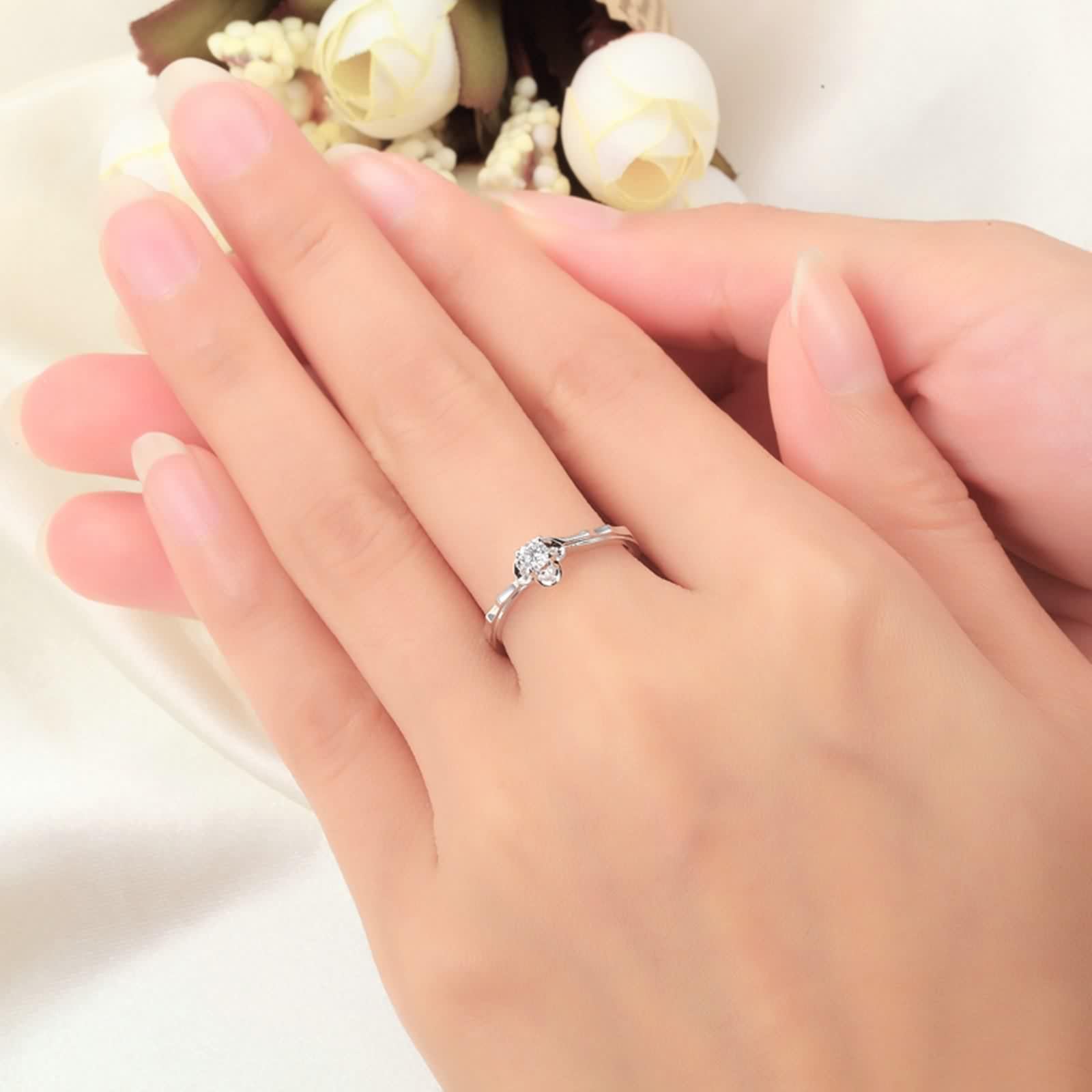 Anillo Mujer Compromiso Diamante, Anillo Mujer Noviazgo Plata Platino Pt950 0.12Ct Blanco Forma Redonda Brillante Ajuste Cómodo