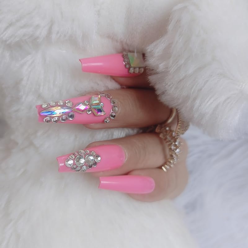 Miniatura 9 de Uñas postizas a presión rojas de lujo con diamantes de imitación, uñas postizas cuadradas extralargas, 24 unidades, brillantes, cobertura completa,