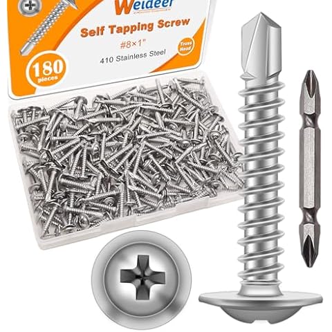 weideer 180pcs #8×1" Self Tapping Screws for Metal Sheet Metal Screws 410 Stainless Steel Truss Head Self Drilling Screws High-Strength Quick Tapping Screws Cover