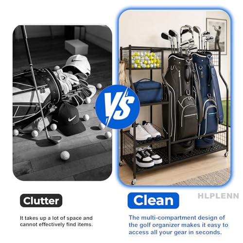 Golf-Bag-Storage-Organizer-Rack-for-Garage-for-Golf-Bag-Clubs-300LBS-Max-Capacity-Built-in-Lockable-Wheels-2-Hooks-Fit-2-Golf-Bags-for-Garage-Home-Club-Basement