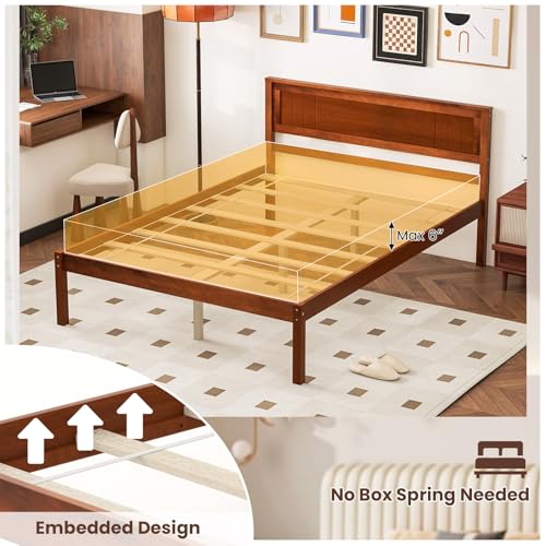 Image of GIANTEX Full Size Wood Platform Bed with Headboard, Mid Century Solid Wood Full Bed with Slat Support, Double Bed Frame with 16 inch Under Bed Storage, No Box Spring Needed, Easy Assembly, Walnut