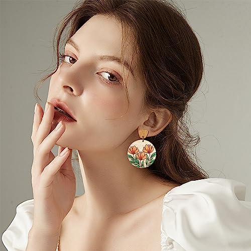 Handmade Bohemian Lightweight Round Wooden Sunflower Dangle Drop Earrings Vintage Boho Wood Geometry Flower Stud Earring for Women Statement4