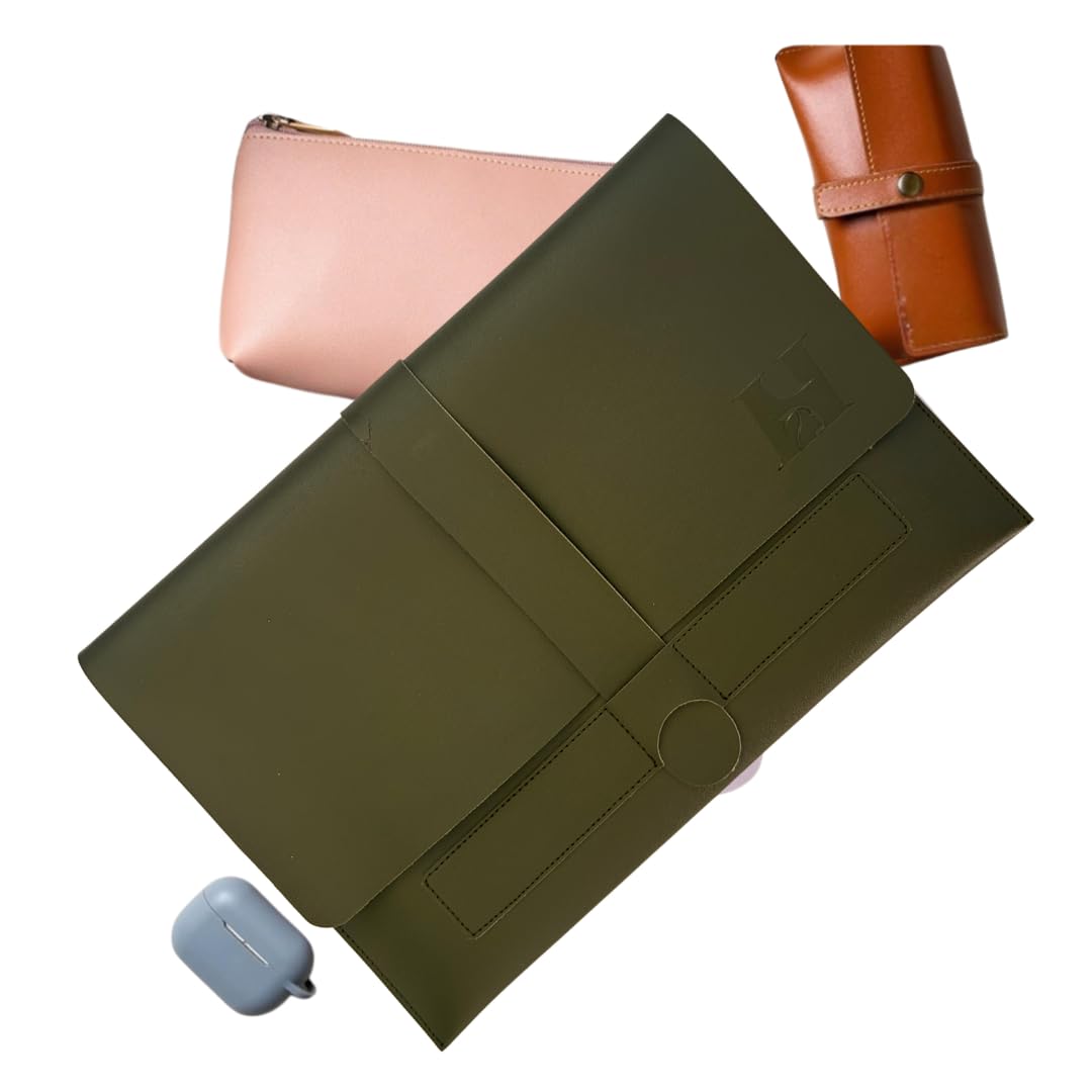 HANA (하나) Laptop Sleeve & Organizer | Premium Vegan Leather | Fits 13″, 13.3″ & 14″ Laptops (Up to 14″) | Built-in Organizer for Phone, Watch, Credit Cards (Misty Forest)