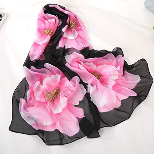 E-Clover Women Soft Floral Print Shawl Chiffon Sheer Scarf (A-Black&Pink) #TOP4