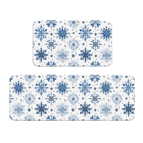 GVYGVY Antifatigue Kitchen Mats for Floor 2 Piece - Blue Snowflakes Print Kitchen Rugs Washable, Non Slip Runner Rug Standing Mat for Office/Bathroom/Laundry/Home Decor and Accessories