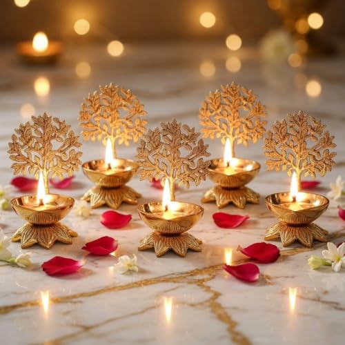 Image of Behoma 100% Pure Brass Kalpvriksha Diya Set of 5 for Puja | Handcrafted Tree of Life Deepak for Mandir, Temple, Home Decor & Office | Decorative Brass Oil Lamp | Diwali Gift & Return Gift