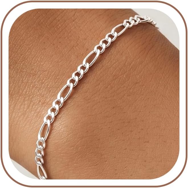 925 Sterling Silver Diamond-Cut 3mm Figaro Link Chain Bracelet for Women 6.5/7/7.5/8 Inches