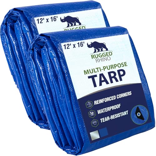 RUGGED RHINO Heavy Duty Waterproof Tarp 12x16 2 Pack UV and Tear Resistant Cover with Reinforced Grommets and Corners Outdoor Multipurpose Tarps for Camping Patio Garden Car & Roof 5 Mil Blue