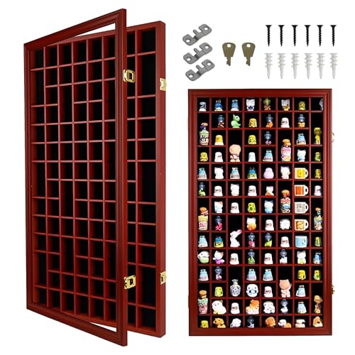 Image of 100 Thimble Display Case Wall Cabinet Holder Shadow Box with UV Protection Door and Felt Interior Background-Mahogany Finish TC100-MAH