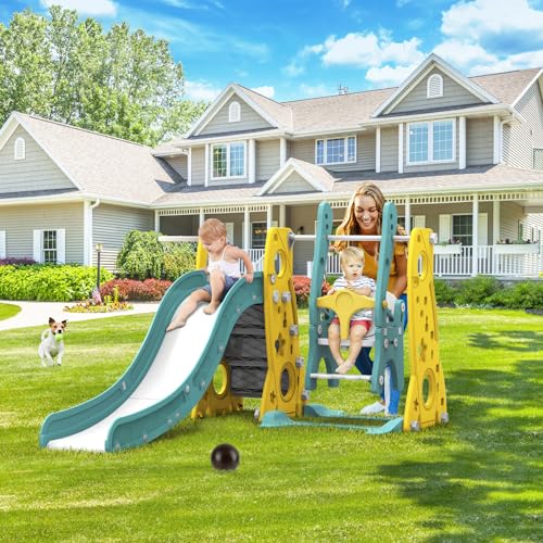 Toddler Slide and Swing Set, 5 in 1 Kids Climber Slide Playset for Toddlers Age 1-3, Freestanding Baby Slide Indoor Outdoor Playground with Basketball Hoop, Swing and Ball Pool (Blue)