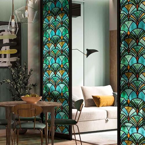 ChicSkin Stained Glass Window Film Self Adhesive 43x300cm, Decorative Window Film Privacy Vintage Art Decor, Hand Drawn Glass Decoration Pine Shell