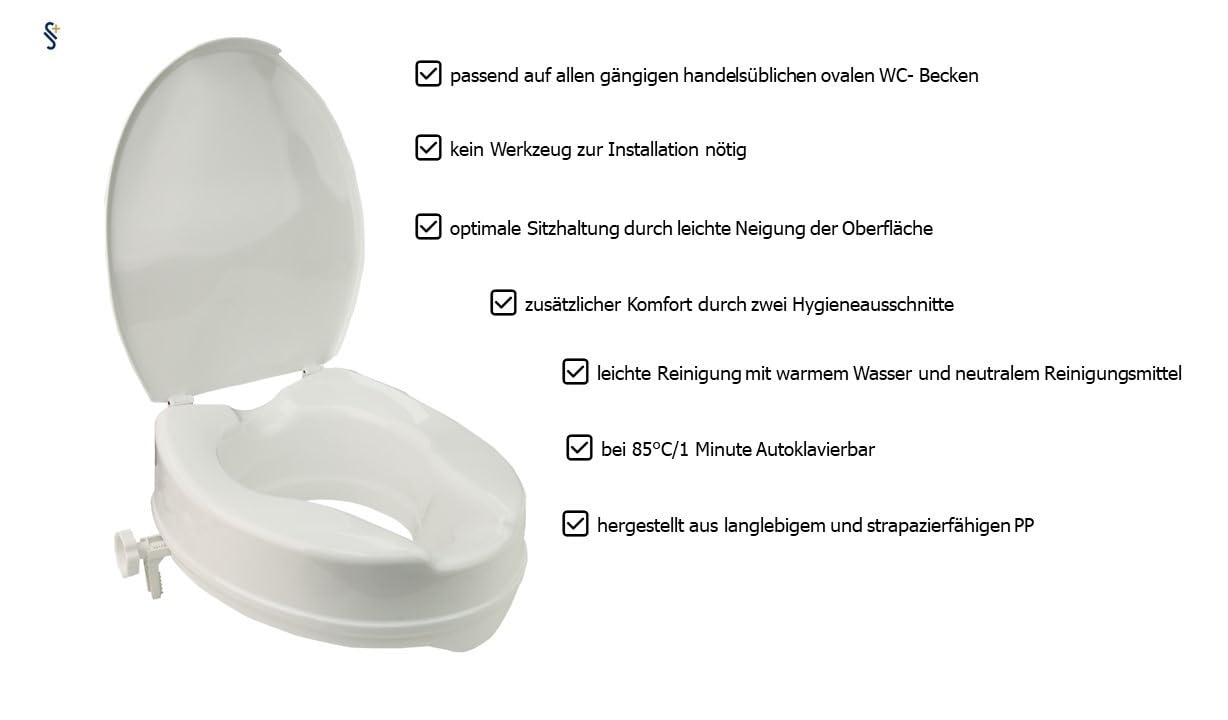 Stock-Fachmann® Toilettensitzerhöhung Smart In 5cm 10cm Oder 15cm Mit Deckel Oder Ohne Deckel WC Sitzerhöhung Toilette Senioren Toilettenaufsatz Senioren Farbe Weiß Belastbar 200kg (15 cm mit Deckel)