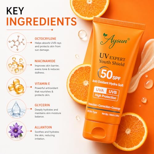 Image of Aysun SPF50 Ultra Light Lotion, Brightens and Moisturises skin with Niacinamide & Vitamin E,- Water & Sweat Resistant, No White Cast, Normal, Oily, Dry Skin Types, Oil Free -100 Gm