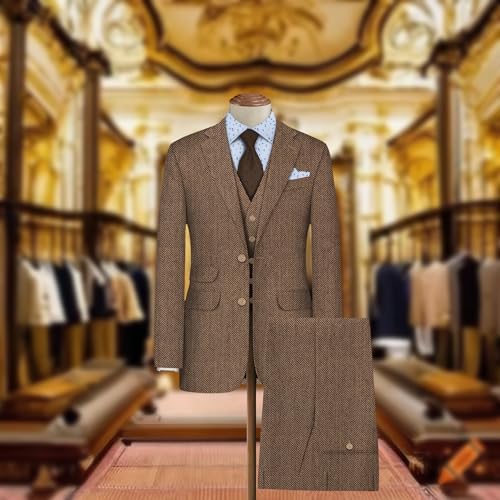Image of BIGREAMS Unstitched Brown Herringbone Wool Blazer Yarn-Dyed Fabric for Three Piece Suit | 58 inch Wide, Wrinkle Free, Best for Coat Pant, Nehru Jacket,Free Size (1.5 Meter for Blazer Use)