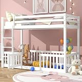 XPSSJMU Litera con ángulo recto con vallas y puertas, cama infantil con protección contra caídas y rejilla, madera maciza, 200 x 90 cm, color blanco