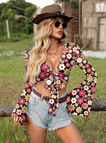 Image of For G and PL Women Tie Front Bell Sleeve Rave Crop Tops Floral Print Hippie Mesh Sheer Shirt