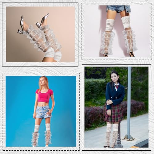 1 Pair White Sheer Ruffle Layered Patchwork Leg Warmers Polyester Vintage Lolita Ruffled Lace Kawaii Cute Summer Mesh Tulle Long Thigh Socks Leg Warmer Cuffs for Women Wedding Party Birthday4