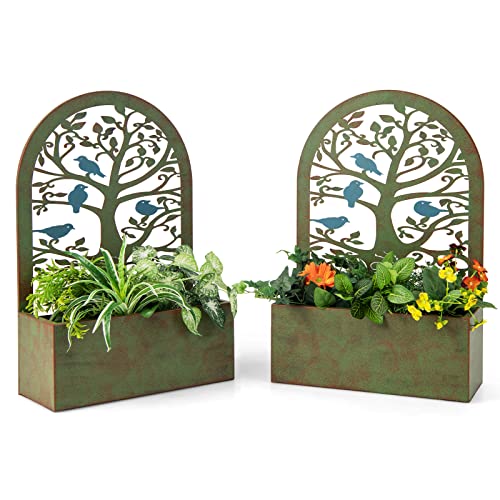 Giantex Raised Garden Bed Set of 2 - Wall-Mounted & Freestanding Decorative Planter Boxes with Trellises, Heavy-Duty Metal Elevated Bed for Climbing Plants, Outdoor Indoor Planter for Yard Balcony
