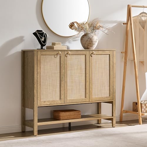 Image of SICOTAS Rattan Shoe Cabinet Storage for Entryway - 30 Pairs Boho Shoe Storage Organizer with Adjustable Shelves & 3 Doors, Tall Shoe Rack Cabinet for Hallway, Living Room (Carbon Cherry)
