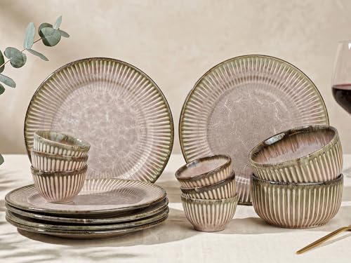 Image of Bodhi House Premium 14-Piece Stoneware Dinner Set Serving for 6 - Handcrafted Ceramic Plates, Bowls & Serving Bowls | Microwave & Dishwasher Safe | Elegant Modern Tableware Crockery Petal Pink