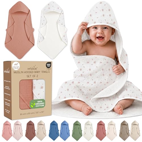 Image of 100% Organic Cotton Muslin Baby Hooded Towel, 32x32 in, Cinnamon & Wildflower, 2 Pack, Soft Absorbent 4-Layer Hooded Bath Towel for Newborns & Toddlers, Boys, Girls, Oeko-TEX