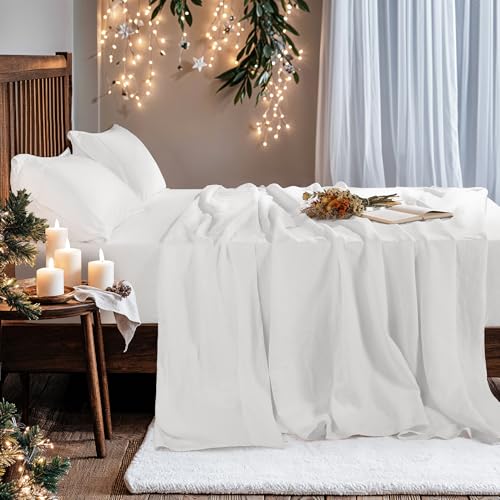 Image of 100% Linen Sheet Set 4pcs, Bedding Set Deep Pocket Up to 16 inch Moisture-Wicking, Softens with Every Wash (Bright White 90X108)