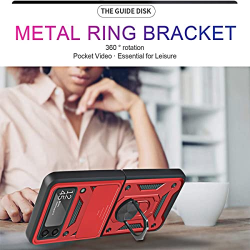 Onola For Galaxy Z Flip 3 Case With Slide Camera Cover, With 360°Rotate Ring Magnetic Kickstand Military Heavy Duty Protective Case For Samsung Galaxy Z Flip 3 5G (Red) #TOP1