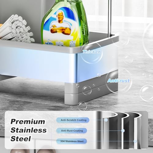 Ewaiira Sponge Holder for Kitchen Sink, Stainless Steel Sink Caddy | with Brush Holder & Dishcloth Rack, Countertop Sink Organizer, Soap Dispenser Kitchen Organizers Storage (F-Gray 9.8″) - image 2