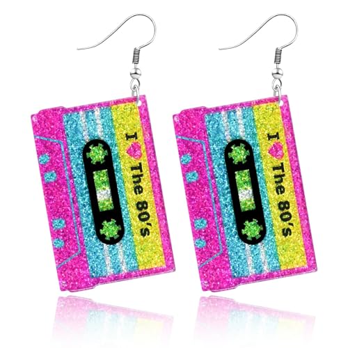 Nanafast 80s Earrings for Women, Retro 90s Neon Acrylic Earrings, Vintage Cassette Tape Radio Style Jewelry, 80s Outfits & Party Accessories for Women-rosered80s