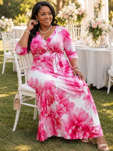 Image of SUZONANA Plus Size Dresses for Women Floral Print Maxi Dress Flowy 3 /4 Sleeve with Belt