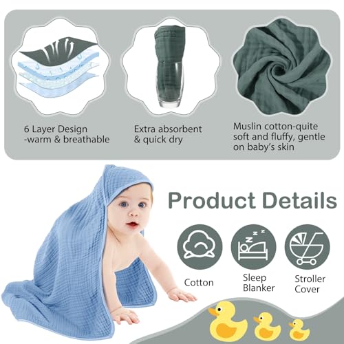 Image of Peryiter 6 Pcs Muslin Hooded Baby Towels, 32 inchx 32 inch Cotton Newborn Bath Towel Muslin Infant Baby Blankets Absorbent Unisex Newborn Registry Gift Essentials for Girls Boys (Blue Series)