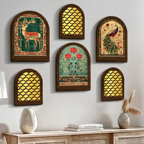 Image of Jharokha MDF Mirrors Home Decoration Items | Traditional Wall Decor Items for Living Room | Mirror Wall Hanging | Home Decor Items for Bedroom Office Set of 6 (9x12 inch & 7.5x9.5 inch)