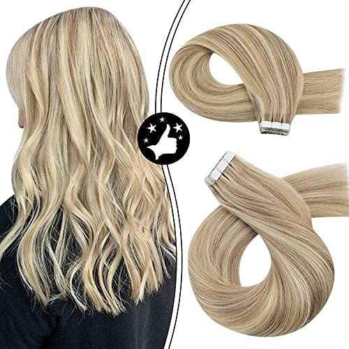 Hair Extensions Tape in Human Hair Moresoo Real Hair Extensions Glue in Seamless Double Sided Tape 18inch Human Tape in Hair Extensions 20Pieces 50Grams Blonde Hair Extensions