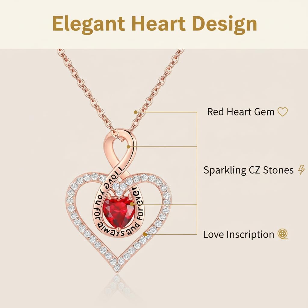 Moissanite Heart Necklace for Women, 18K Rose Gold Plated Romantic Pendant for Anniversary Birthday, 925 Sterling Silver Jewelry for Wife Girlfriend Mom Her - Red - Image 3
