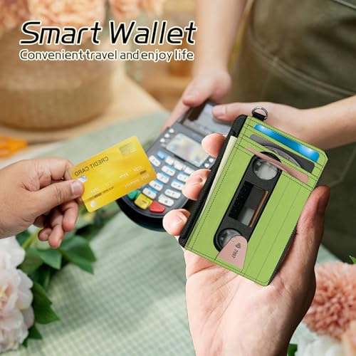Image of Small Travel Wallets, Green Tape Cassette Slim Minimalist Front Pocket Wallet with Wristlet, RFID Blocking PU Leather Credit Card Holder with ID Window Change Purse for Men Women
