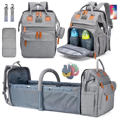 Baby changing bag with Portable Nappy Changing Bag with Pad, Diaper Bag Backpack with Changing Station, Pacifier Holder and Stroller Straps Multifunctional Large Travel Bag (Grey)