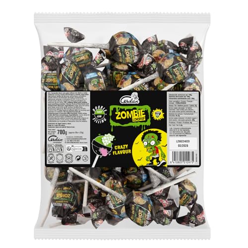 Caramelos Cerdán - Chupas Zombie de Cereza, Sandía y Frutas del Bosque | Doble Relleno Pica Pica y Chicle, 35 Unidades, Triple Sensación, Sin Gluten ni Alérgenos | Ideal para Halloween y Cumpleaños