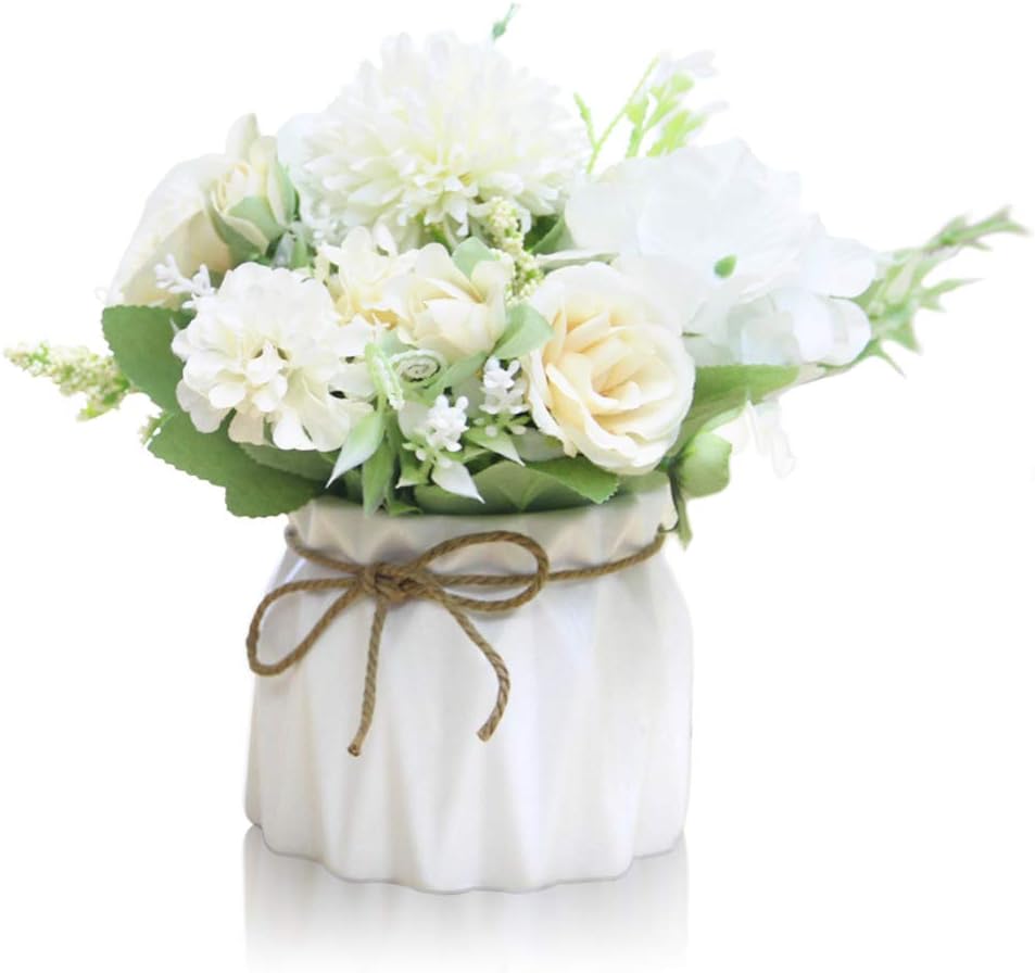 Artificial Flowers Ceramic Hydrangea Vase with Artificial Flower Pot Home Decoration Vase for Wedding, Office, Table, Window, Living Room, Bedroom, Party, White