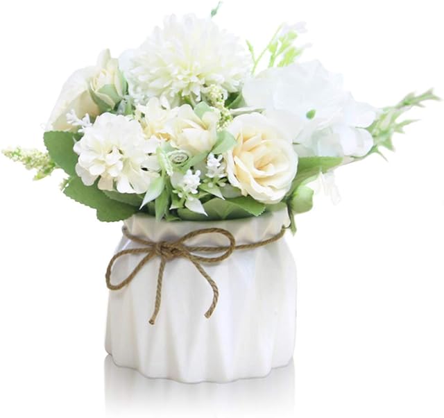 MA Keleily Hydrangea Artificial Flowers Indoors with Ceramic Vase Roses Silk Flowers in Small Pot Realistic Flower Arrangements for Wedding, Office, Table, Window, Living Room, Bedroom, Party, White