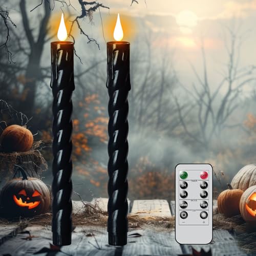 Image of Flickering Flameless Taper Candles with Remote and Timer, 2 Pack Battery Operated LED Taper Candles 3D Wick Plastic Dripping Effect Dinner Halloween Indoor Decor(Black, 0.78 inch D x 9.65 inch H)