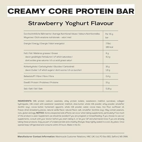 MaxiNutrition Creamy Core Bar Strawberry Yoghurt, 12x45g Protein-Riegel, 30% Eiweiß, 14g je Riegel, low Sugar (2,2 g), ohne Zuckerzusatz, ohne künstliche Aromen